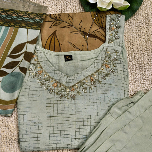Pure Muslin cut Sleeve Suit with Lungi Style Floral Printed Design