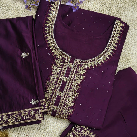 Womens Beautiful Wine Fully Embroidered Suit with Dupatta & Pant