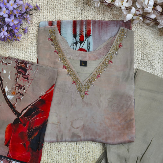 Beautiful Crepe Set with Printed Unique Design and Hand work