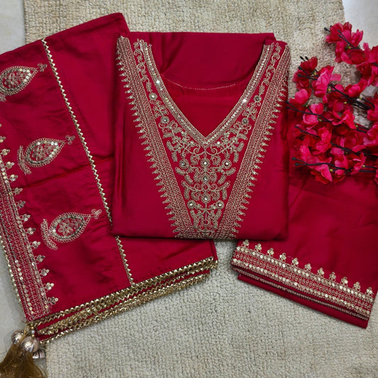 Pretty Pink Chinnon Silk With Heavy Embroidery Sequence Work Salwar Suit