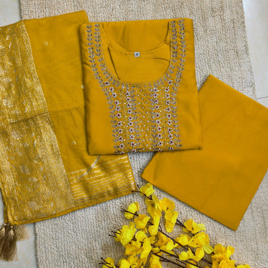Beautiful Yellow Cotton Silk Kurta with Organza Silk Dupatta