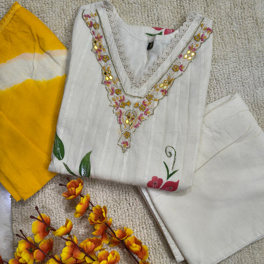 Premium Kora Cotton brush Painted Short Set – Yellow