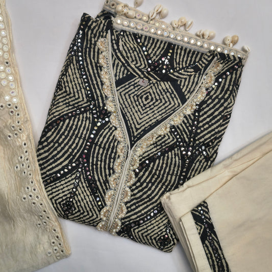 Beautiful Party Wear Set Floral Printed with Cowrie Latkan and full Mirror Embroidery and Rivet Moti with Dupatta