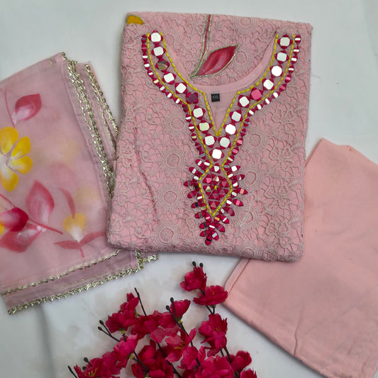 Beautiful Crosia Pink shade suit with Mirror work and hand brush painted flowers