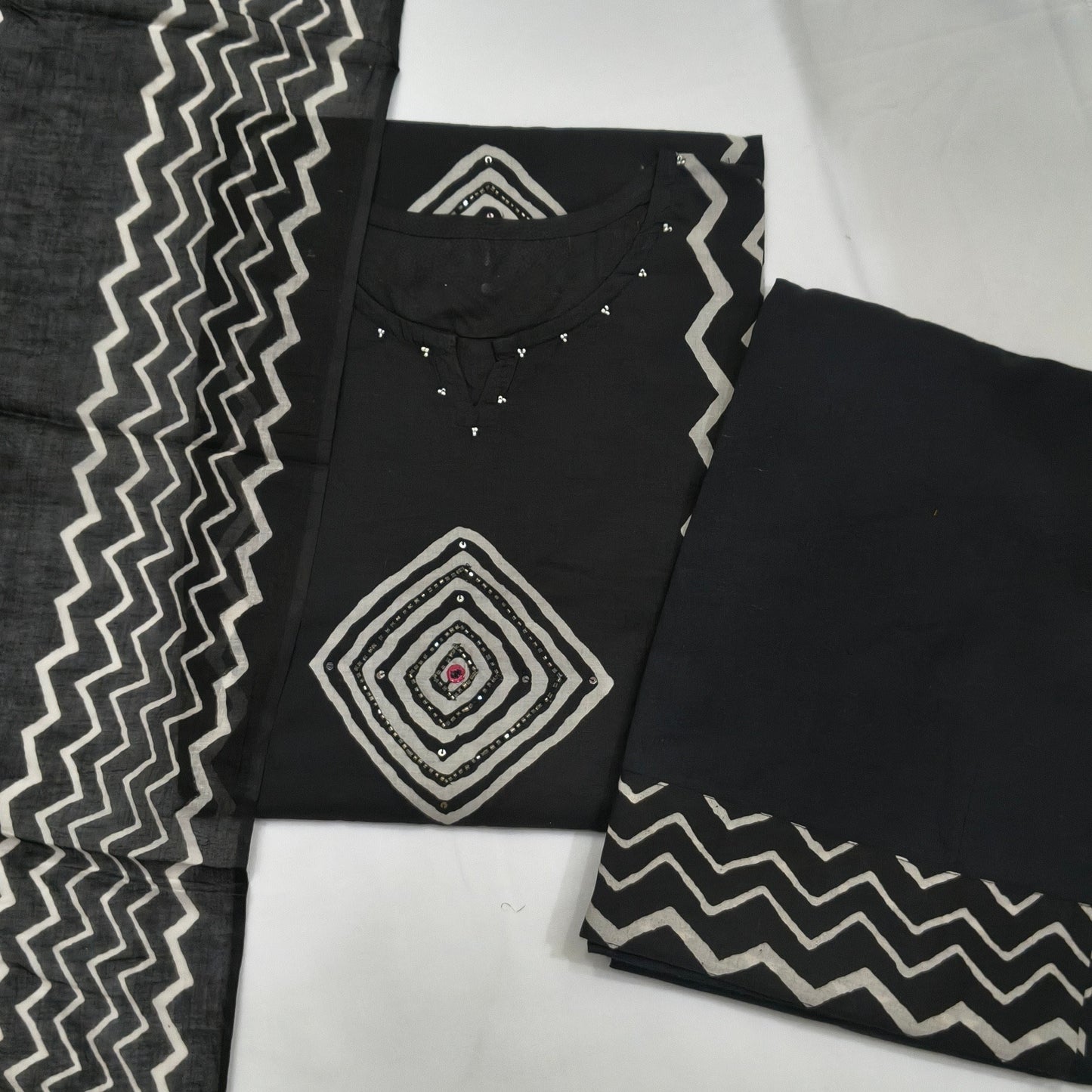 Pure cotton Palazzo Suit with Geometrical Printed Design and Hand work