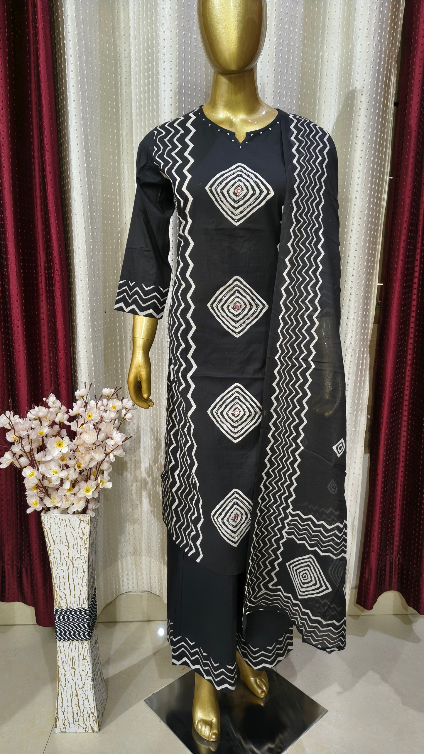 Pure cotton Palazzo Suit with Geometrical Printed Design and Hand work