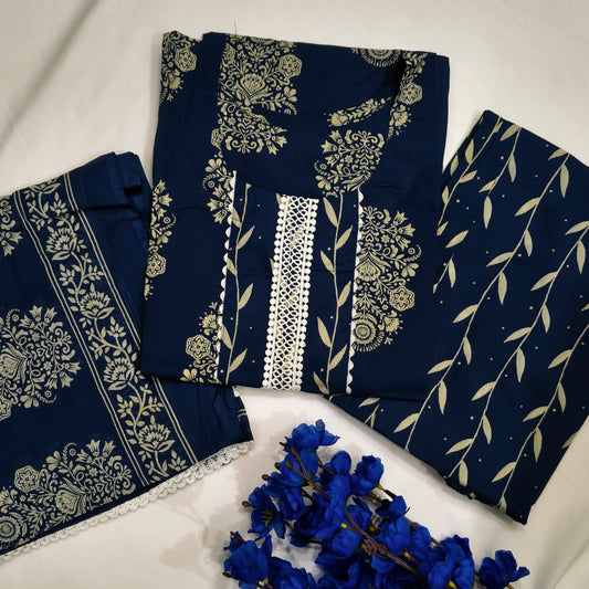 Navy Blue Pure cotton suit with Chikankari printed design