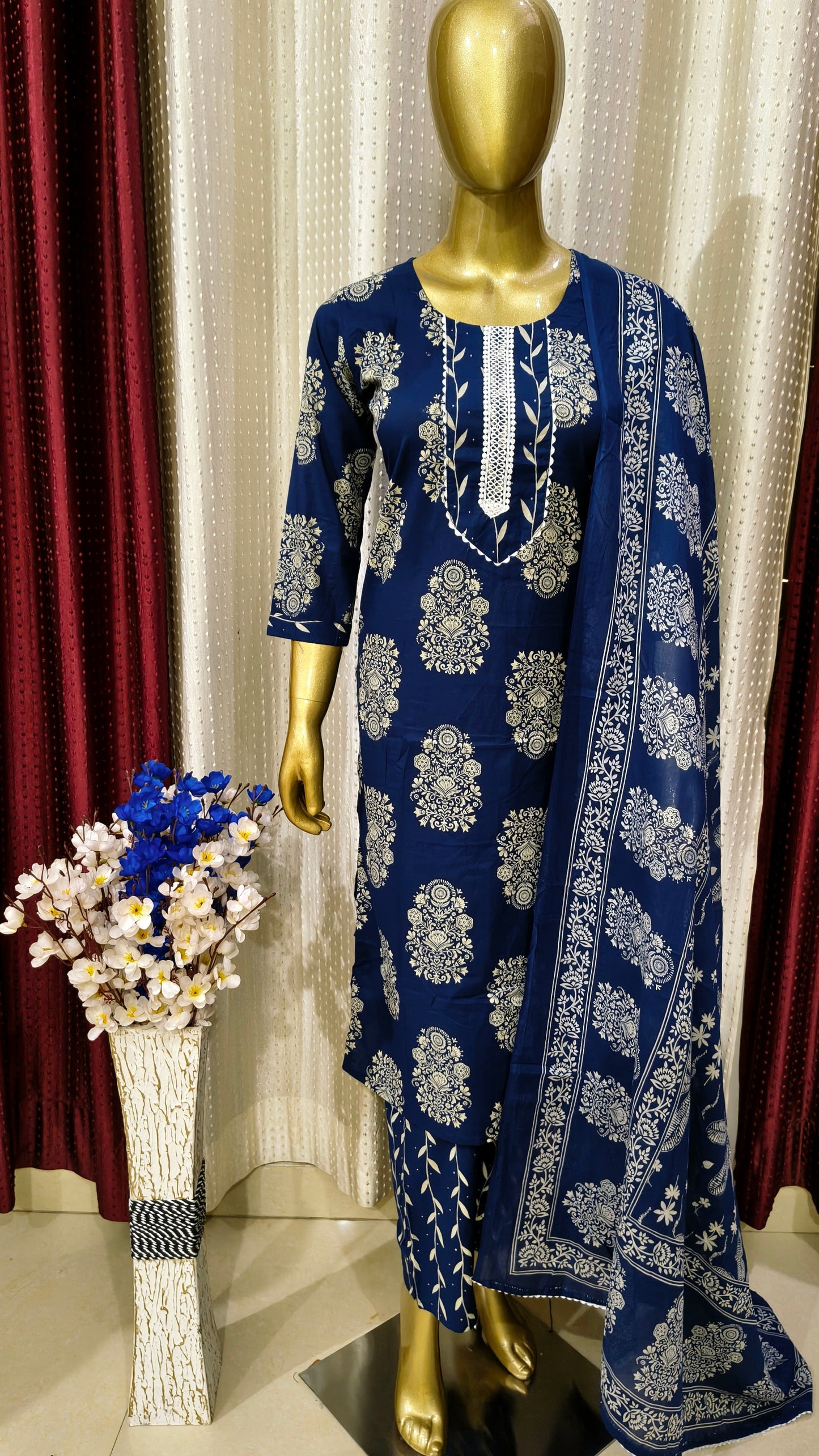 Navy Blue Pure cotton suit with Chikankari printed design