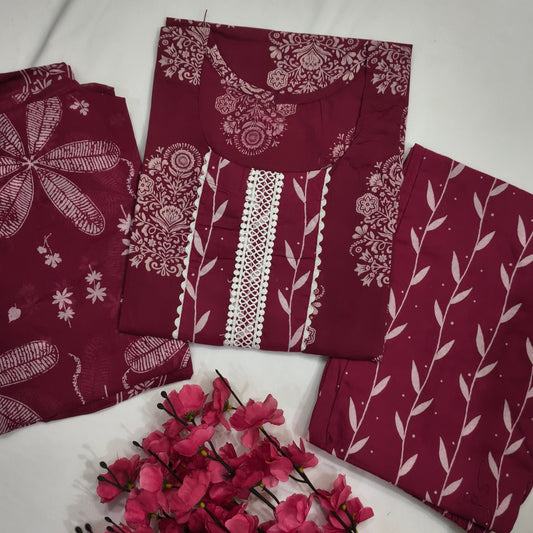 Maroon Pure cotton suit with Chikankari printed design