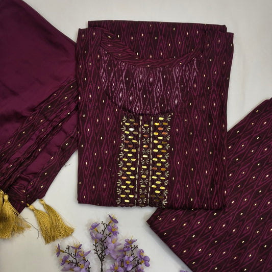 Party Wear Purple Wine cotton suit with golden mirror work