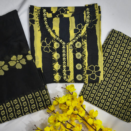 Beautiful cotton set with embroidery and striped and floral print