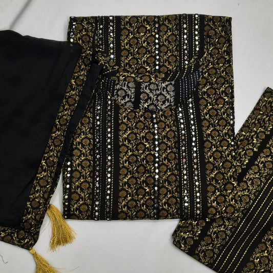 Printed Cotton suit with embroidery lines mirror work
