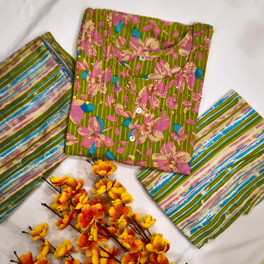 Beautiful Parrot colour Cotton suit with Floral print design